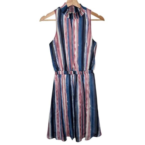 Chenault Blue Pink Vertical Stripes Smocked Neckline Sleeveless Dress Size S - Picture 1 of 5